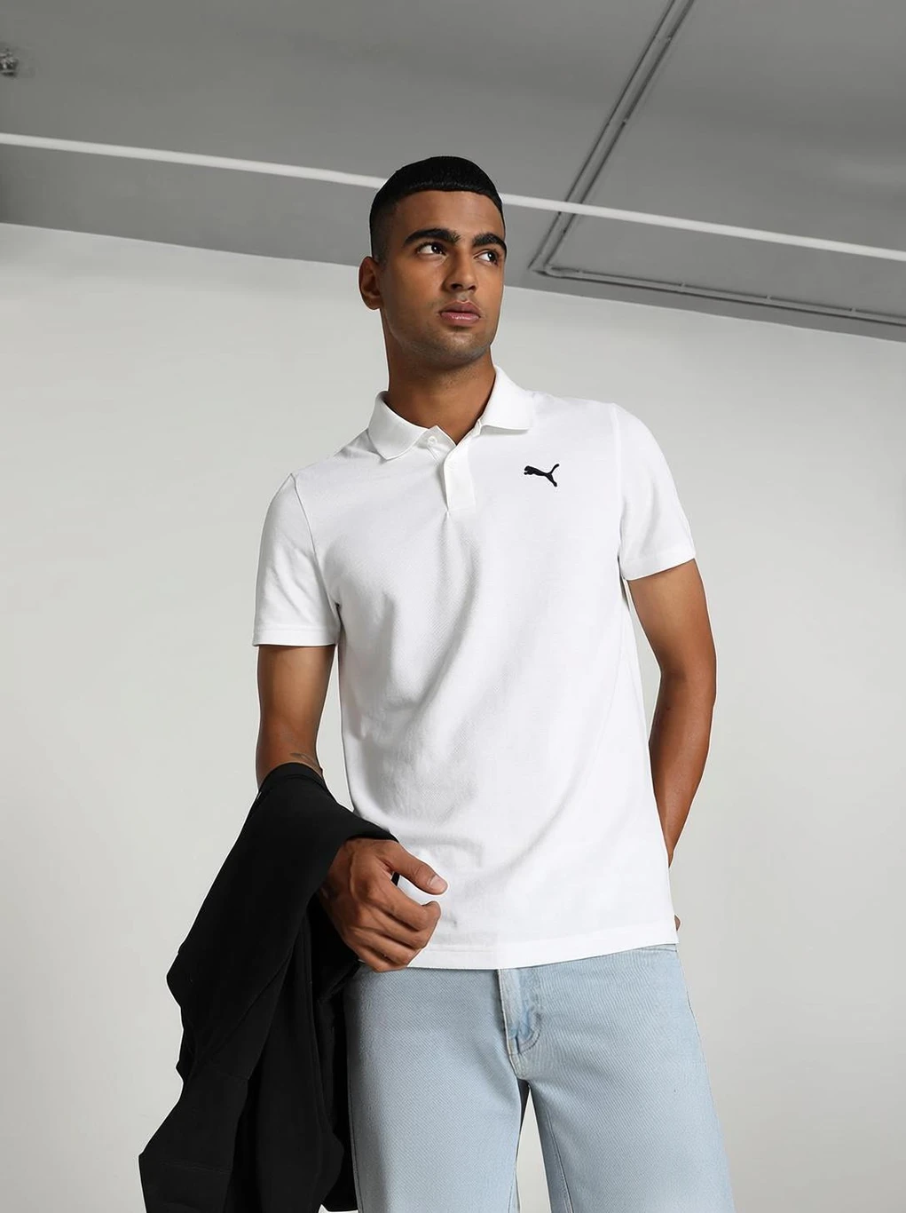 Ms Ess Men Solid Polo Neck Pure Cotton White T-Shirt